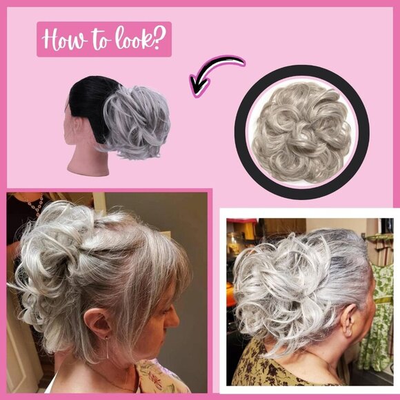 Messy Bun Hair Piece Synthetic Silver Gray Washable & Travel Size for Women & Me main image 7